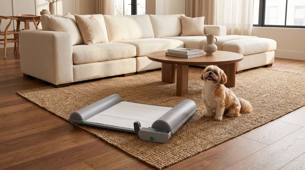 Small dog with BrilliantPad in modern living room