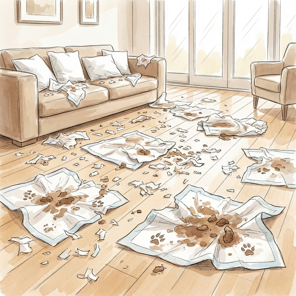 Puppy pad disaster - torn pads scattered across living room
